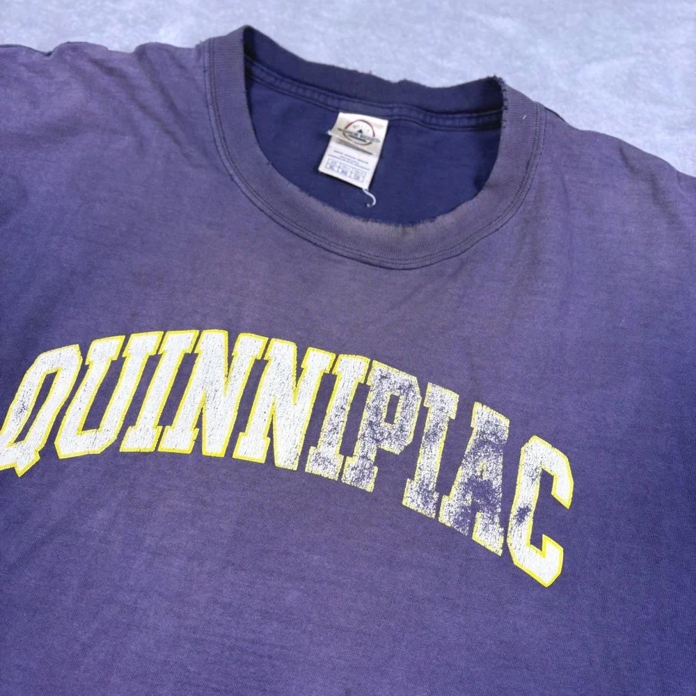 Y2K Vintage Quinnipiac‎ University Long Sleeve Tee XL Faded Distressed Blue